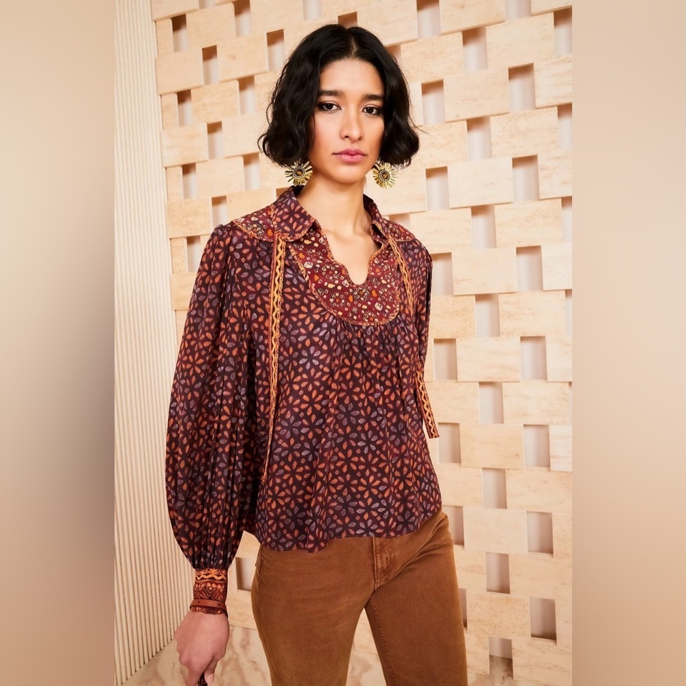 Ulla Johnson Aninda Blouse in Citrine Printed Silk Long Sleeve Top Brown Rust
